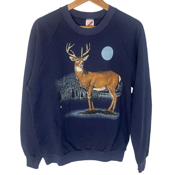 Jerzees Other - Vintage Jerzees LSJ Sweatshirt Men Unisex XL Wildlife Deer Moon Forest Blue USA